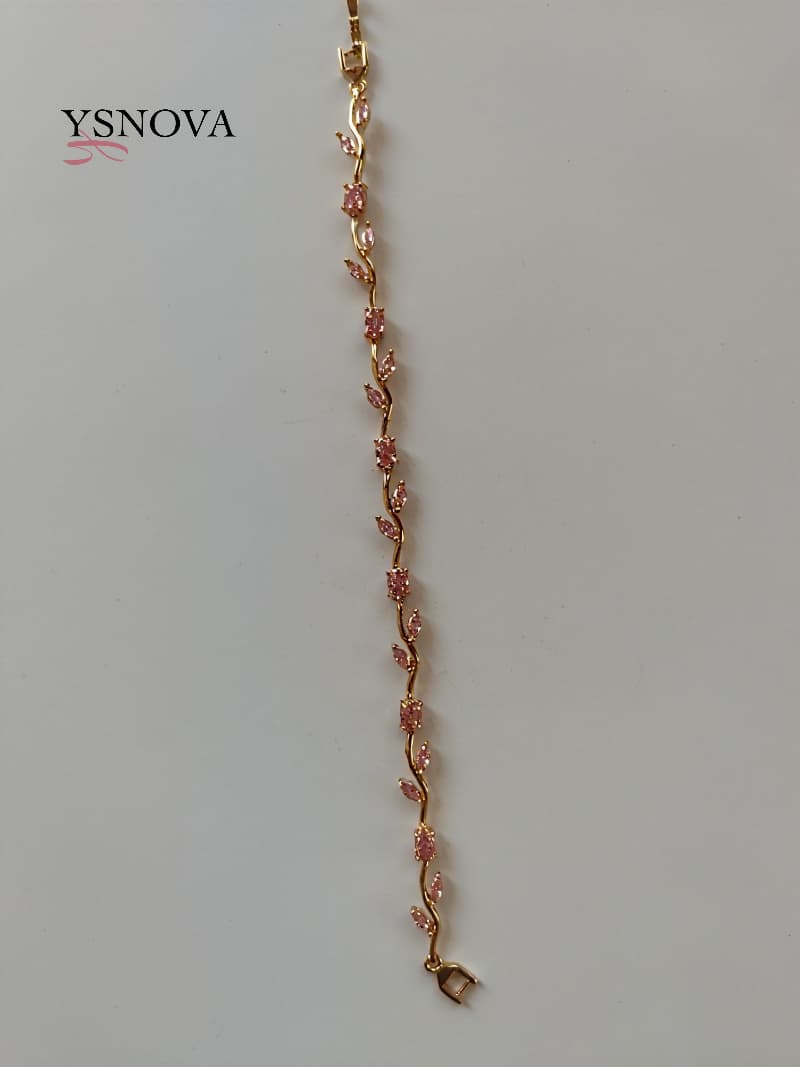 Womenโs Bracelet - Tulip Design with Pink Zircon Stones - Gold Plated Stainless Steel