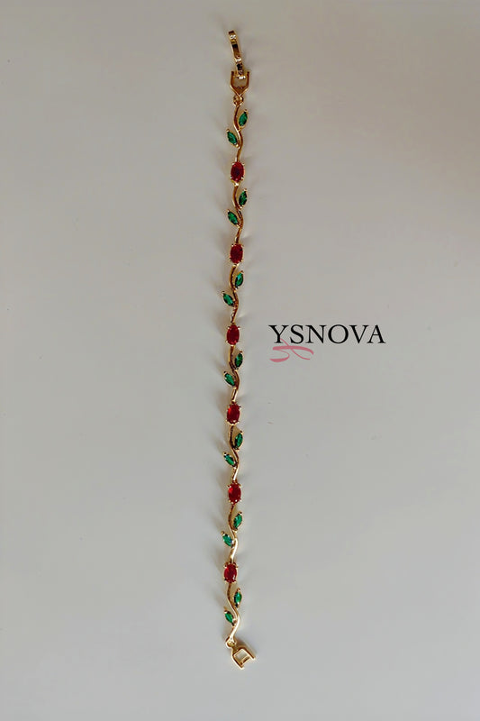 Gold Plated Stainless Steel Tulip Bracelet with Red & Green Zircon Stones