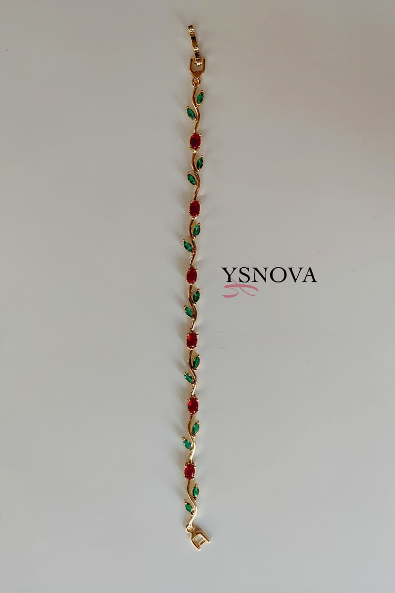Gold Plated Stainless Steel Tulip Bracelet with Red & Green Zircon Stones