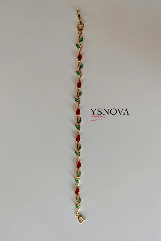 Gold Plated Stainless Steel Tulip Bracelet with Red & Green Zircon Stones