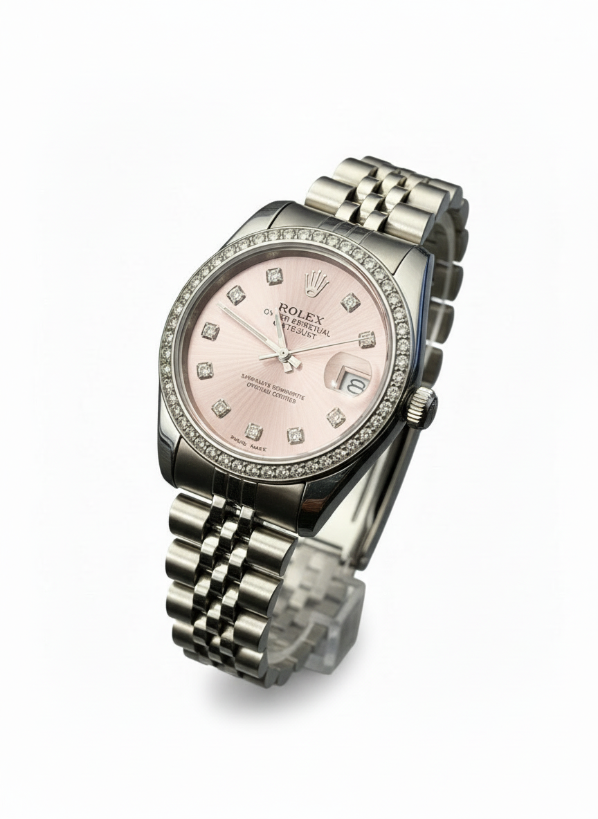 Luxury Women’s Silver watch Stainless-Steel Waterproof with Diamond-Accented Bezel & Pink Dial