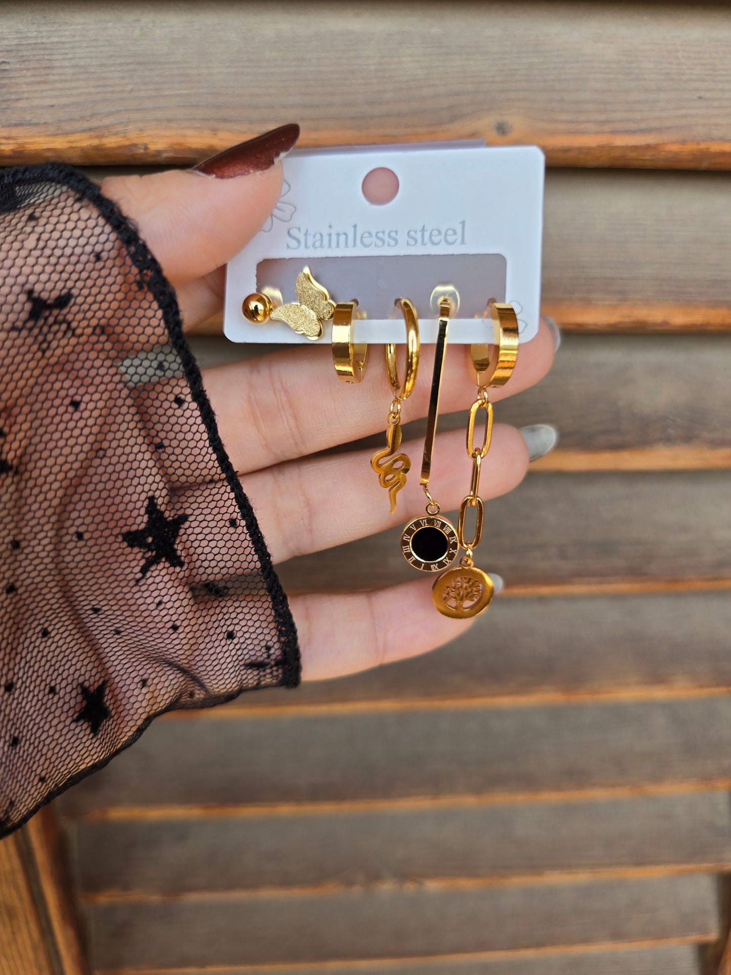 6-Piece Earring Set – Butterfly, Snake, Tree of Life, Black Stone & Minimal Gold Designs – Gold Plated Stainless Steel