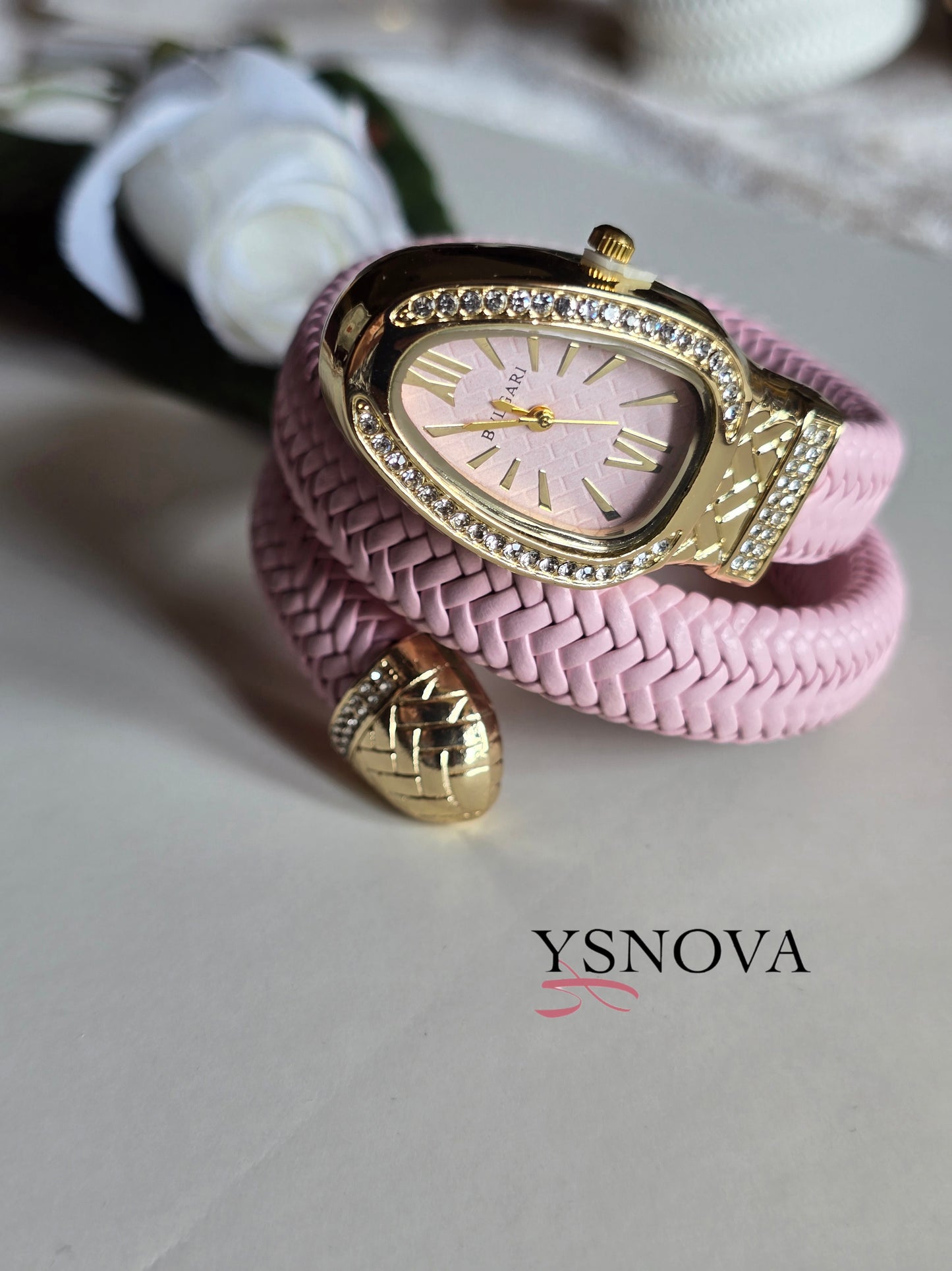 Pink Leather Wrap Watch – Bvlgari Serpenti Inspired Design with Gold Crystal Frame