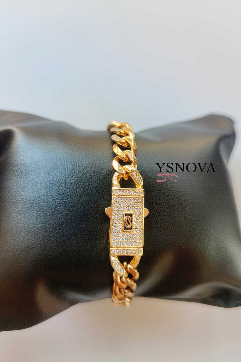 Gold Plated Stainless Steel Monaco Bracelet with Zircon Rectangular Centerpiece
