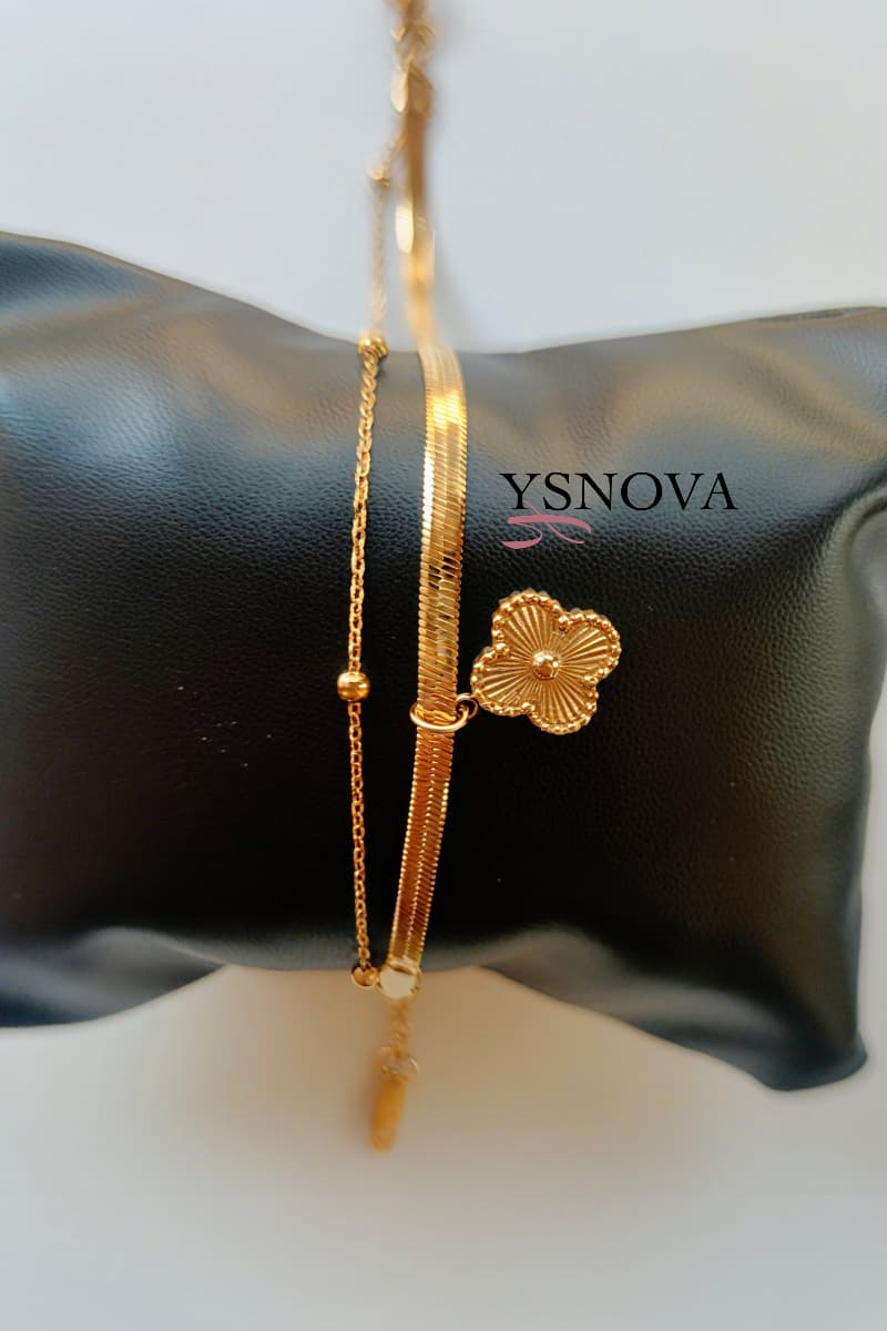 Gold Plated Double Layer Stainless Steel Bracelet with Flower Charm