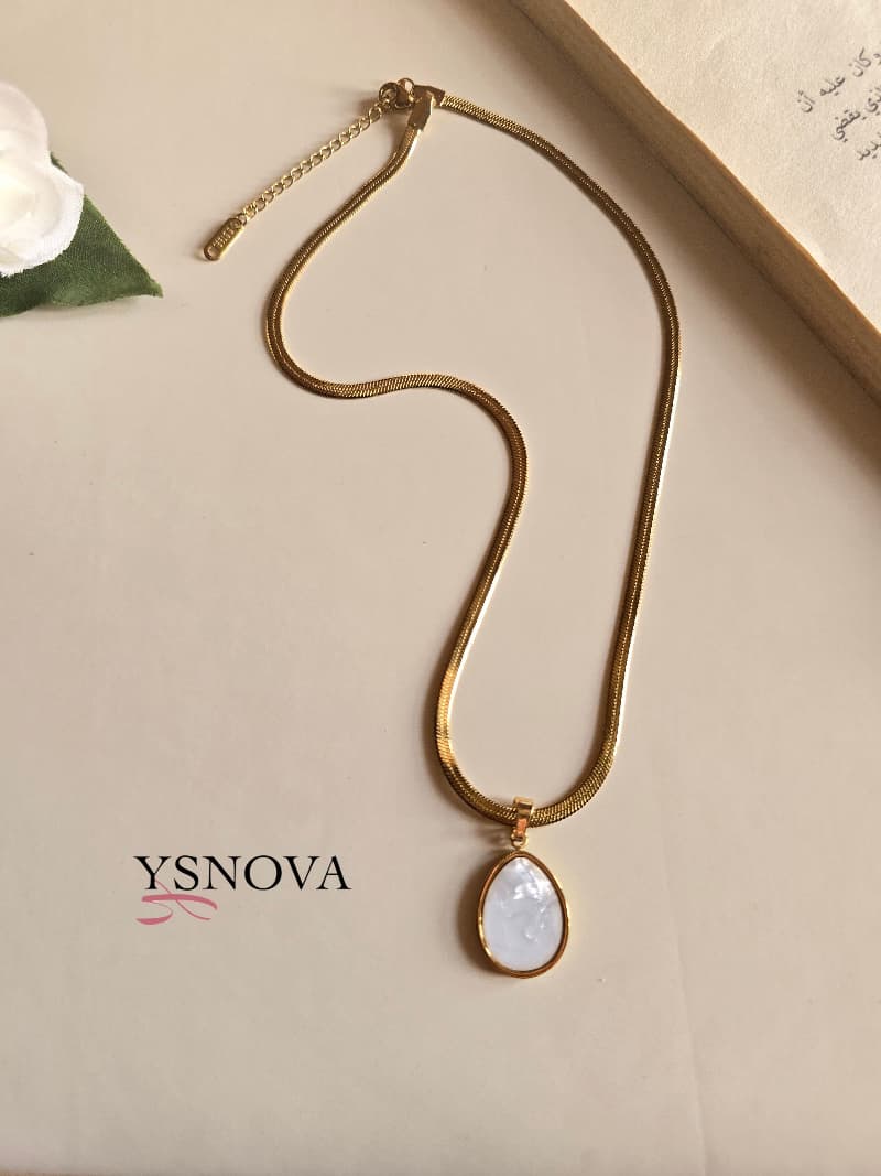 Oval Stone Pendant Necklace - Stainless Steel