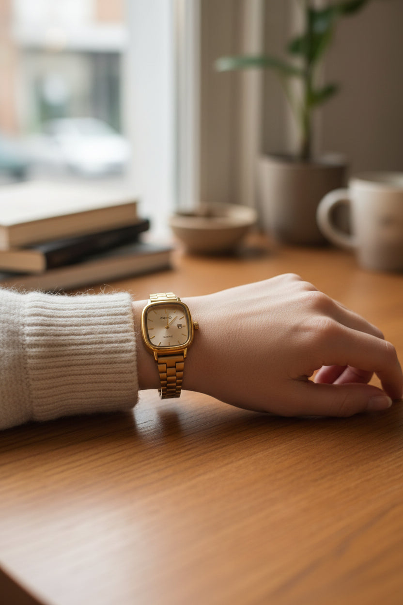 Gold watch with white Dial Frame .
