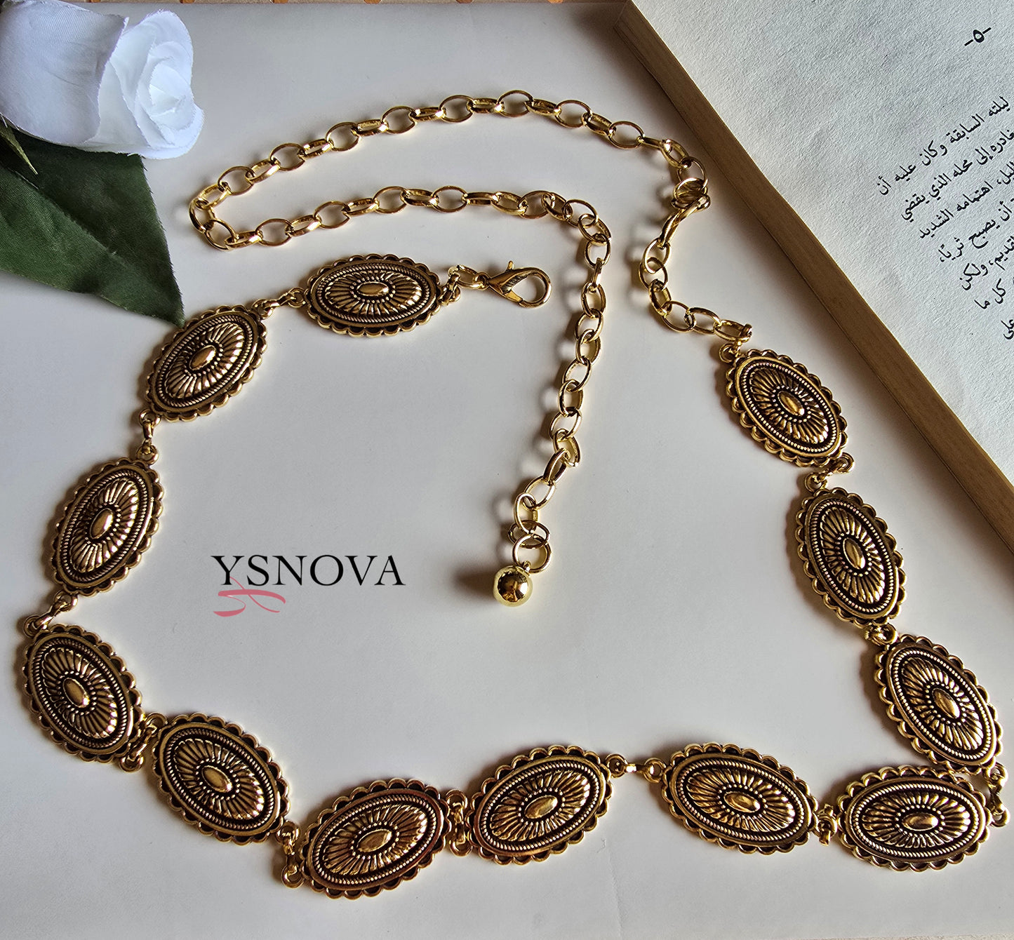 Engraved Oval Motif Belt – Gold Plated Stainless Steel