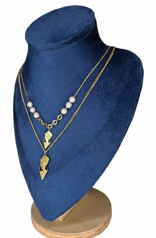 Double Layer Necklace with Pearls & Pharaonic Queen Pendants – Gold Plated Stainless Steel