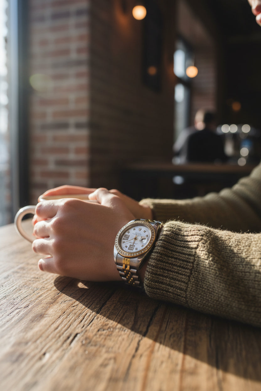 Rolex-inspired gold and silver women’s watch with sparkling zircon stones – elegant design by YSNOVA