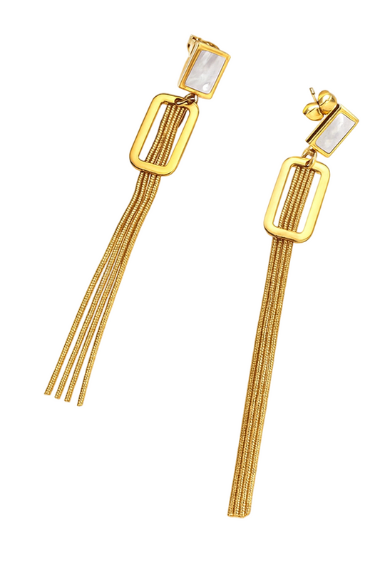 Long Drop Design with White Stone and Chain – Gold Plated Stainless Steel Earrings
