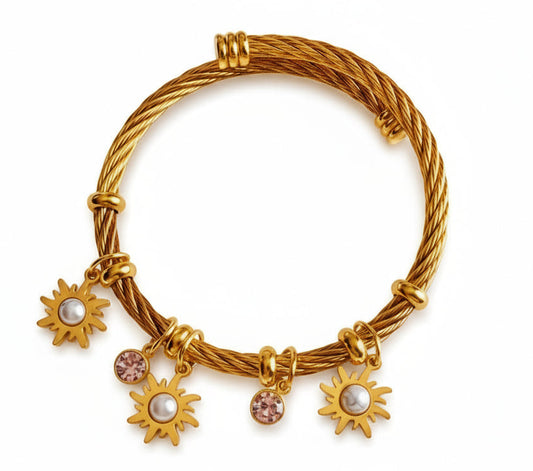 Golden Cable Bracelet with Sun Charms, White Stone & Crystal Details – Gold Plated Stainless Steel