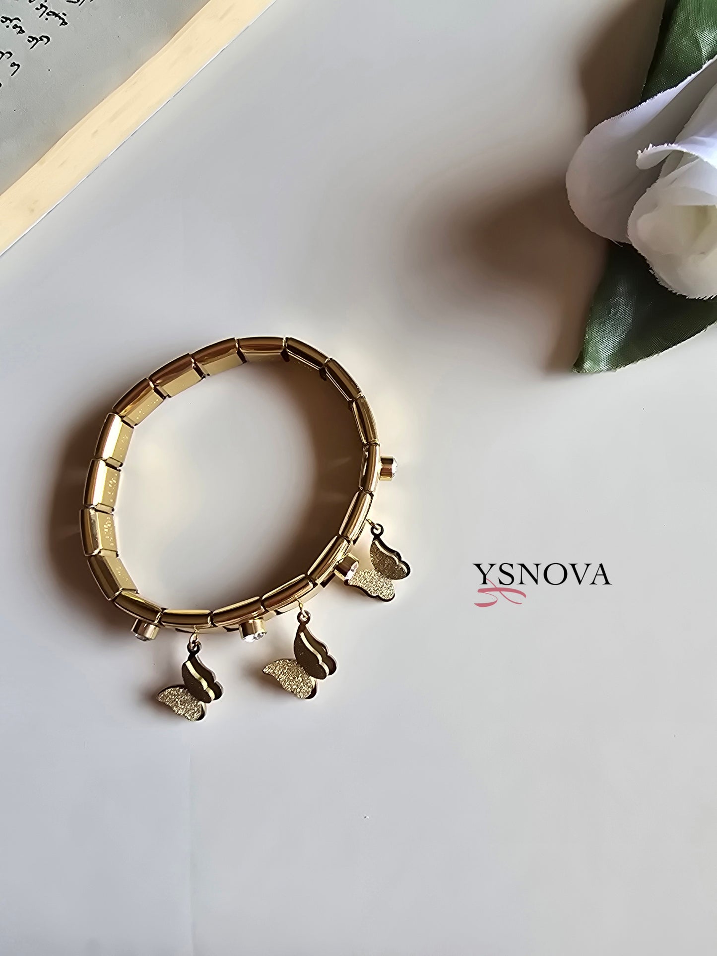 Flexible Bracelet with Dangling Butterfly Charms - Stainless Steel