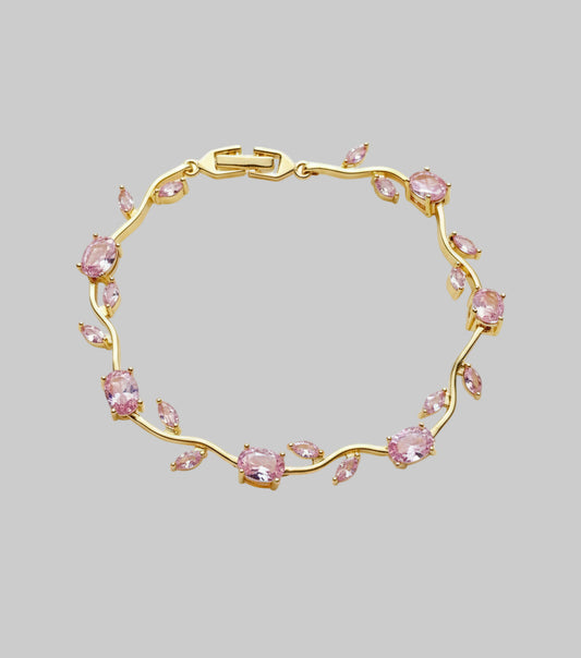 Women’s Bracelet - Tulip Design with Pink Zircon Stones - Gold Plated Stainless Steel