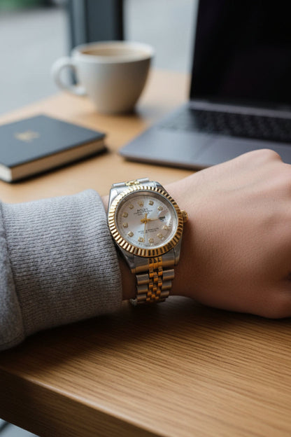 Two-tone women’s gold and silver watch with pearl dial – Rolex inspired elegant design by YSNOVA