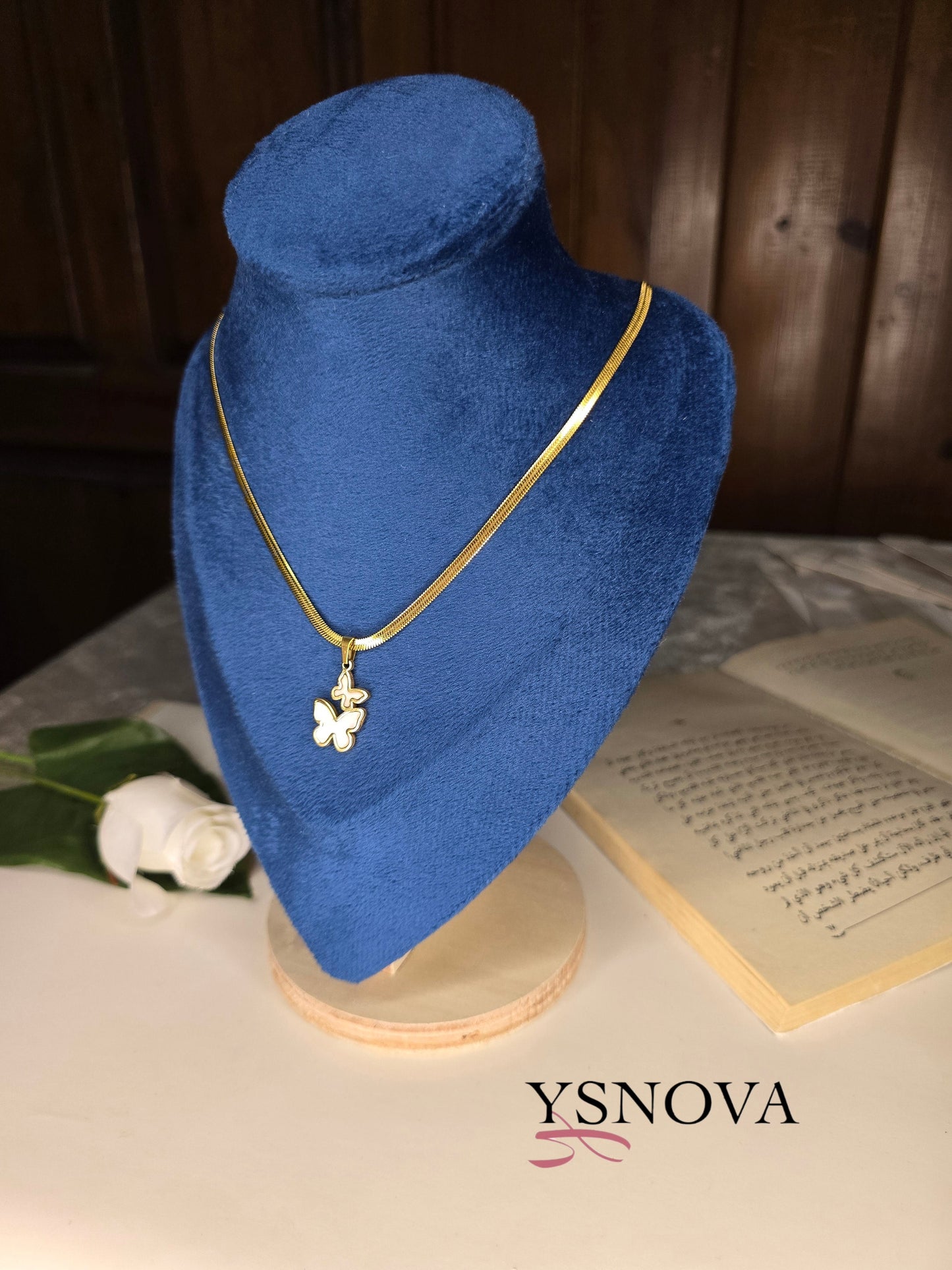 Double Butterfly Pendant Necklace (Black & White) – Gold Plated Stainless Steel