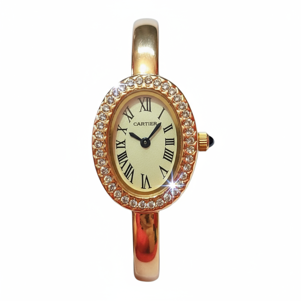 Gold-plated women’s bangle watch with zircon stones – Cartier inspired elegant design by YSNOVA