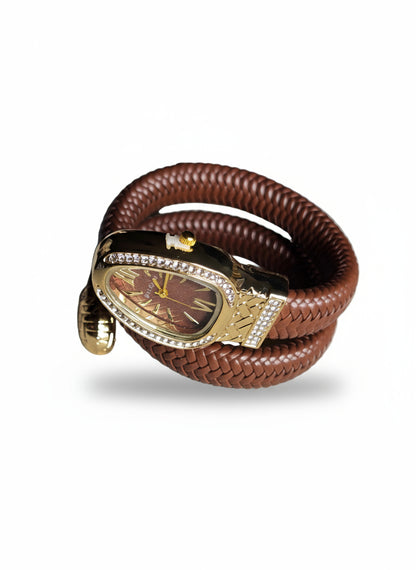 Brown Leather Wrap Watch – Bvlgari Serpenti Inspired Design with Gold Crystal Accents