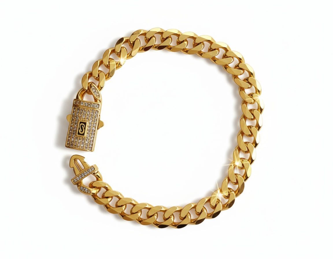 Gold Plated Stainless Steel Monaco Bracelet with Zircon Rectangular Centerpiece