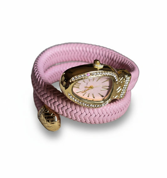Pink Leather Wrap Watch – Bvlgari Serpenti Inspired Design with Gold Crystal Frame