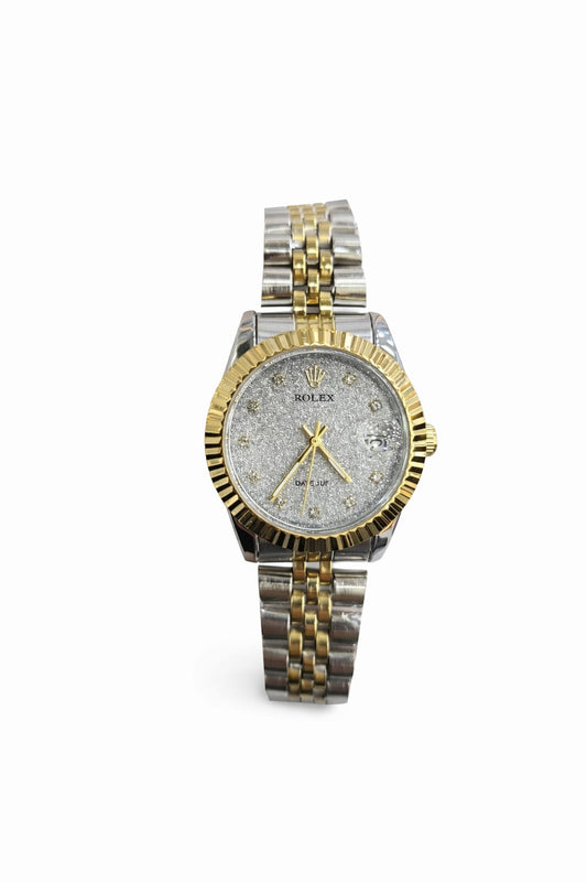 Mix gold and sliver watch with glitter gray dial.