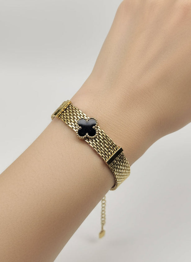 Wide Clover Bracelet with Black Stone – Van Cleef Inspired Design – Gold Plated Stainless Steel