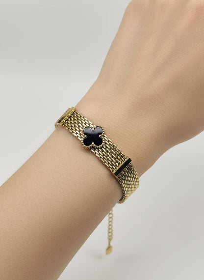 Wide Clover Bracelet with Black Stone – Van Cleef Inspired Design – Gold Plated Stainless Steel