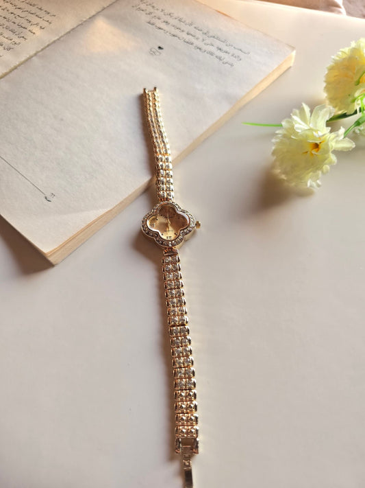 Clover Design with Zircon Stones – Gold Plated Stainless Steel Watch Inspired by Van Cleef & Arpels