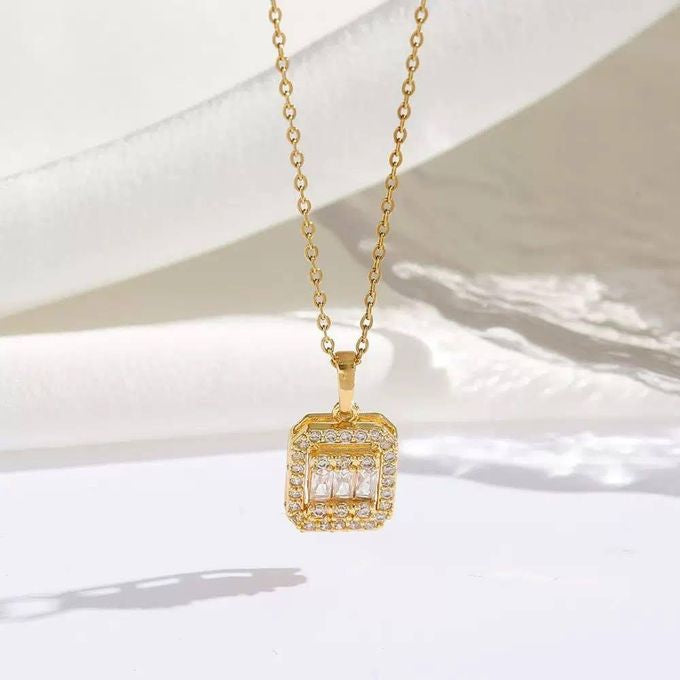 Luxury Baguette Pendant Necklace – Stainless Steel with Sparkling Zircon
