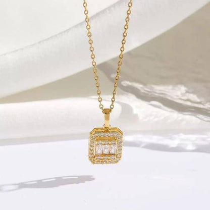 Luxury Baguette Pendant Necklace – Stainless Steel with Sparkling Zircon