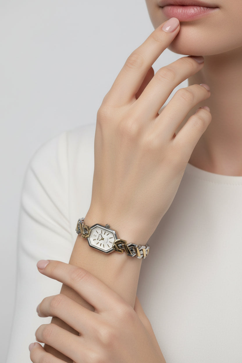 Rol-ex mix silver X gold Quartz watch with white dail