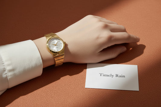 Gold Timely rain watch with white dial.