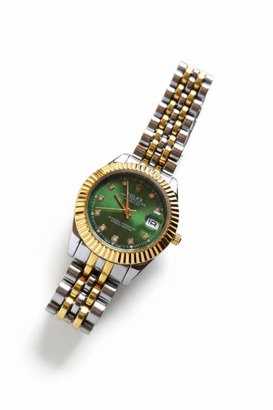 Green Dial with Zircon Markers – Gold & Silver Plated Stainless Steel Watch