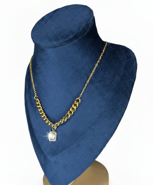 Square Zircon Pendant Necklace – Gold Plated -Stainless Steel