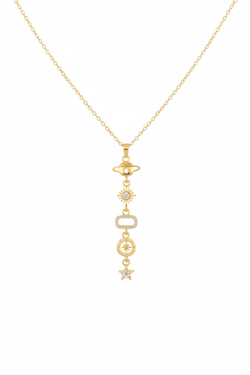 Planet drop necklace featuring multiple charms.