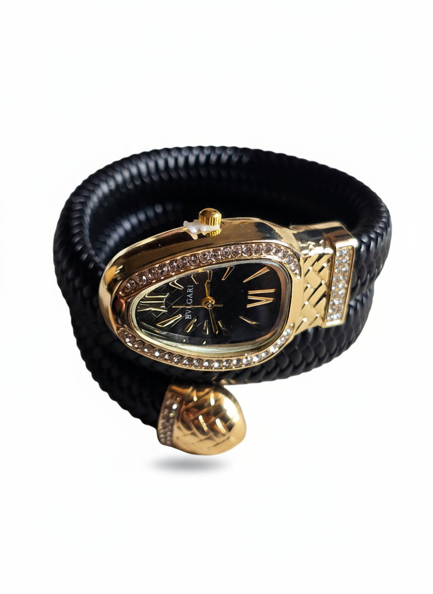 Black Leather Wrap Watch – Bvlgari Serpenti Inspired Design with Gold Crystal Frame