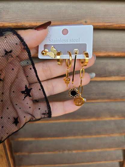 6-Piece Earring Set – Butterfly, Snake, Tree of Life, Black Stone & Minimal Gold Designs – Gold Plated Stainless Steel