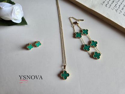 Van Cleef Alhambra Inspired Jewelry Set – Necklace, Bracelet & Earrings – Gold Plated Stainless Steel