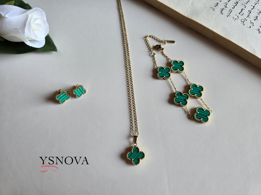 Van Cleef Alhambra Inspired Jewelry Set – Necklace, Bracelet & Earrings – Gold Plated Stainless Steel
