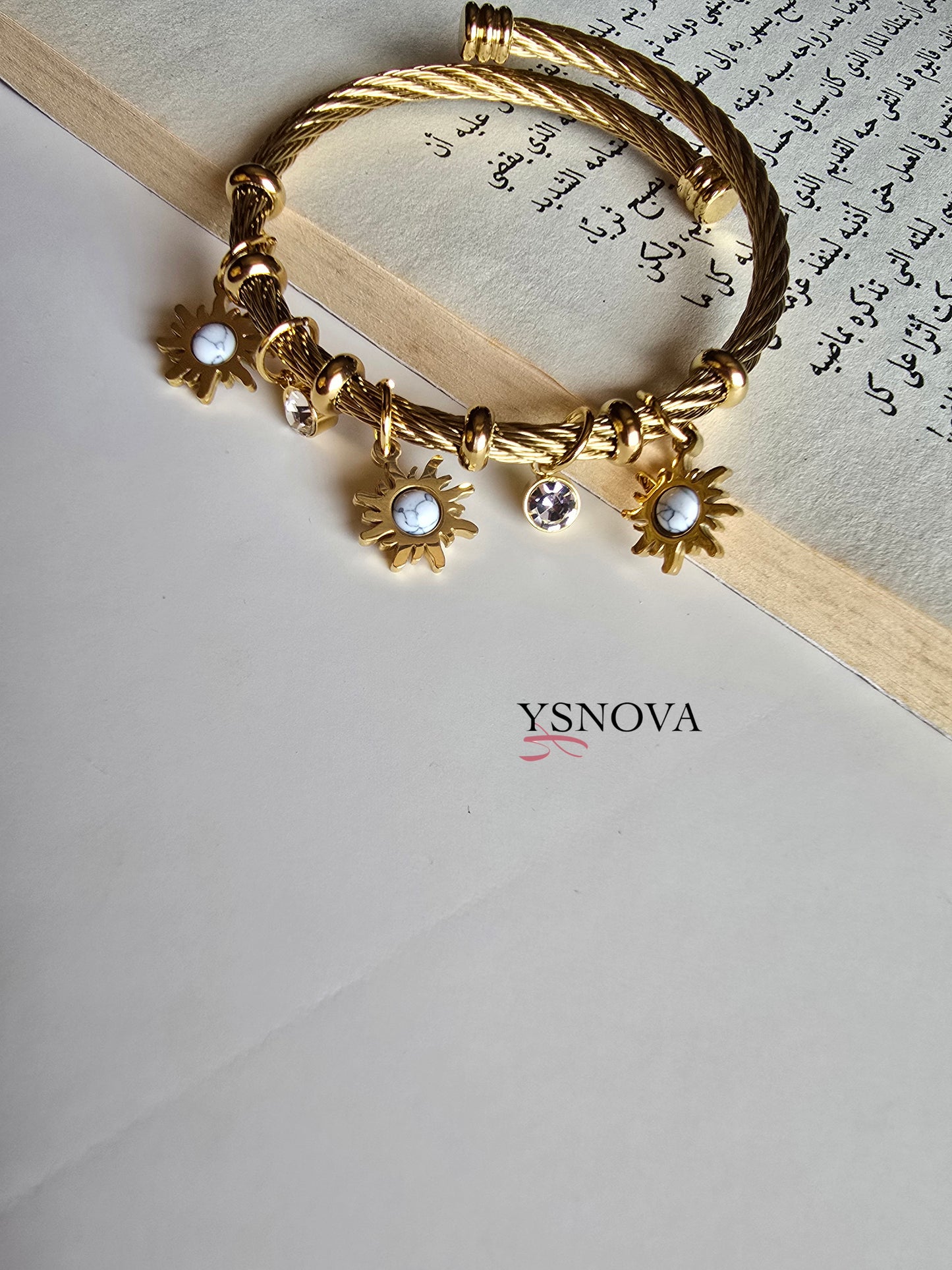 Golden Cable Bracelet with Sun Charms, White Stone & Crystal Details – Gold Plated Stainless Steel