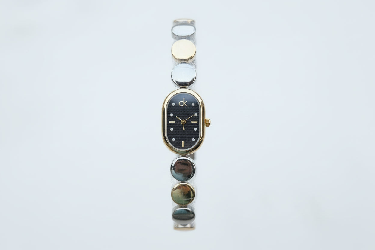 Silver C-K watch (which, black)and mix silver X gold with black Dial.