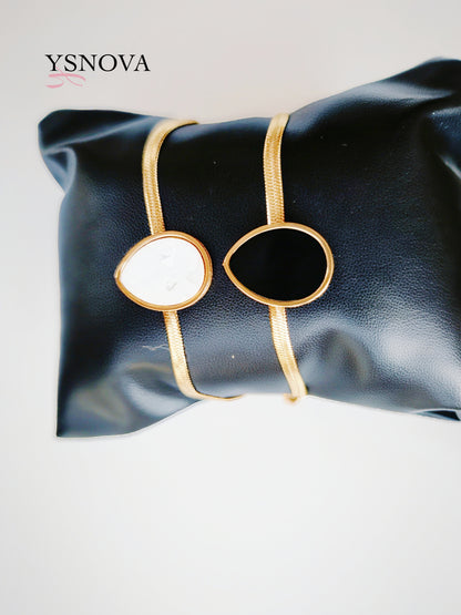 Gold Plated Stainless Steel Women’s Bracelet with Round Stone Design – Available in Black or White