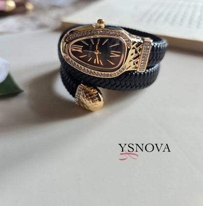 Black Leather Wrap Watch – Bvlgari Serpenti Inspired Design with Gold Crystal Frame
