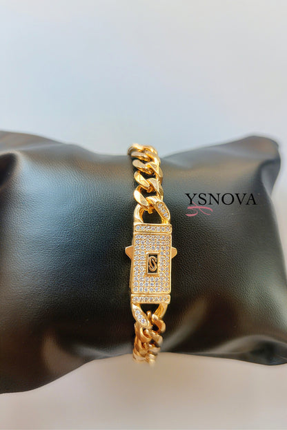 Gold Plated Stainless Steel Monaco Bracelet with Zircon Rectangular Centerpiece
