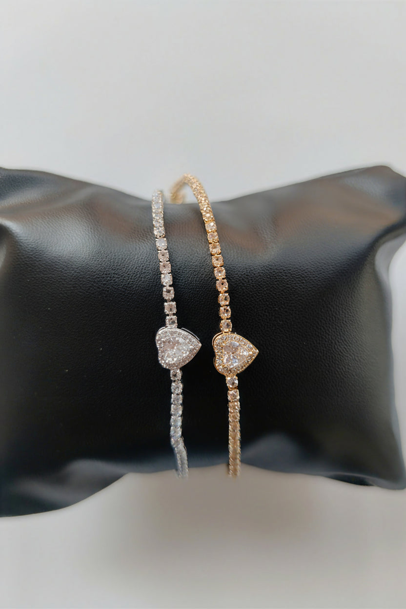 Gold or Silver Plated Stainless Steel Women’s Tennis Bracelet with Zircon Heart Charm