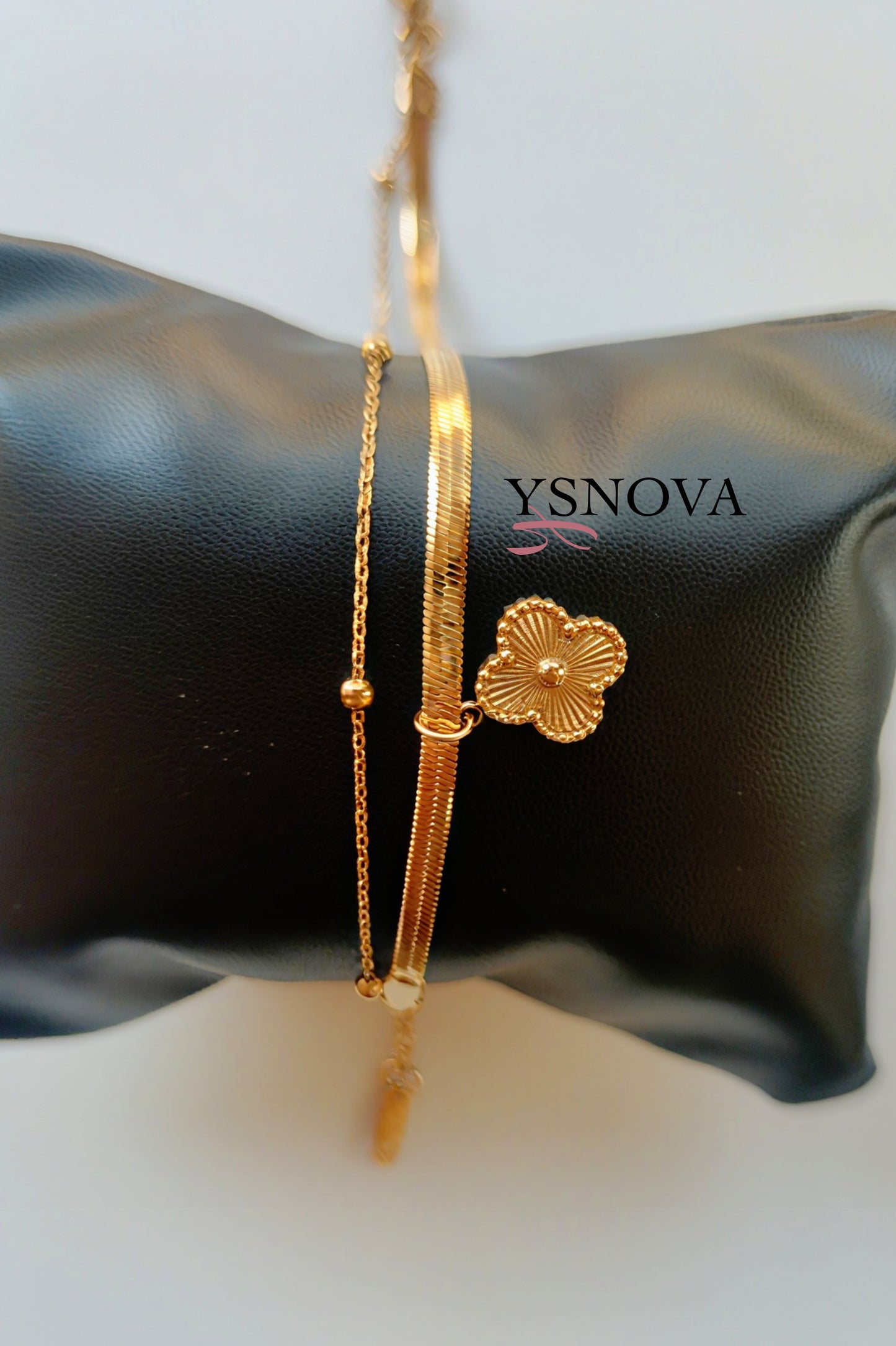 Gold Plated Double Layer Stainless Steel Bracelet with Flower Charm