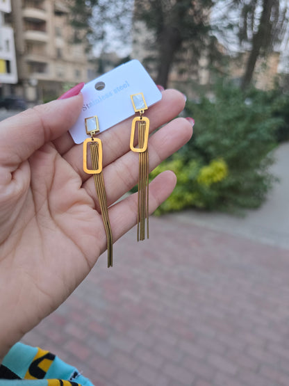 Long Drop Design with White Stone and Chain – Stainless Steel Earrings