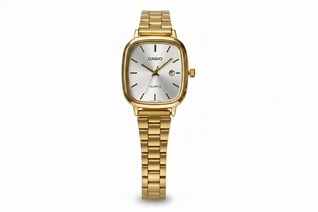 Gold watch with white Dial Frame .