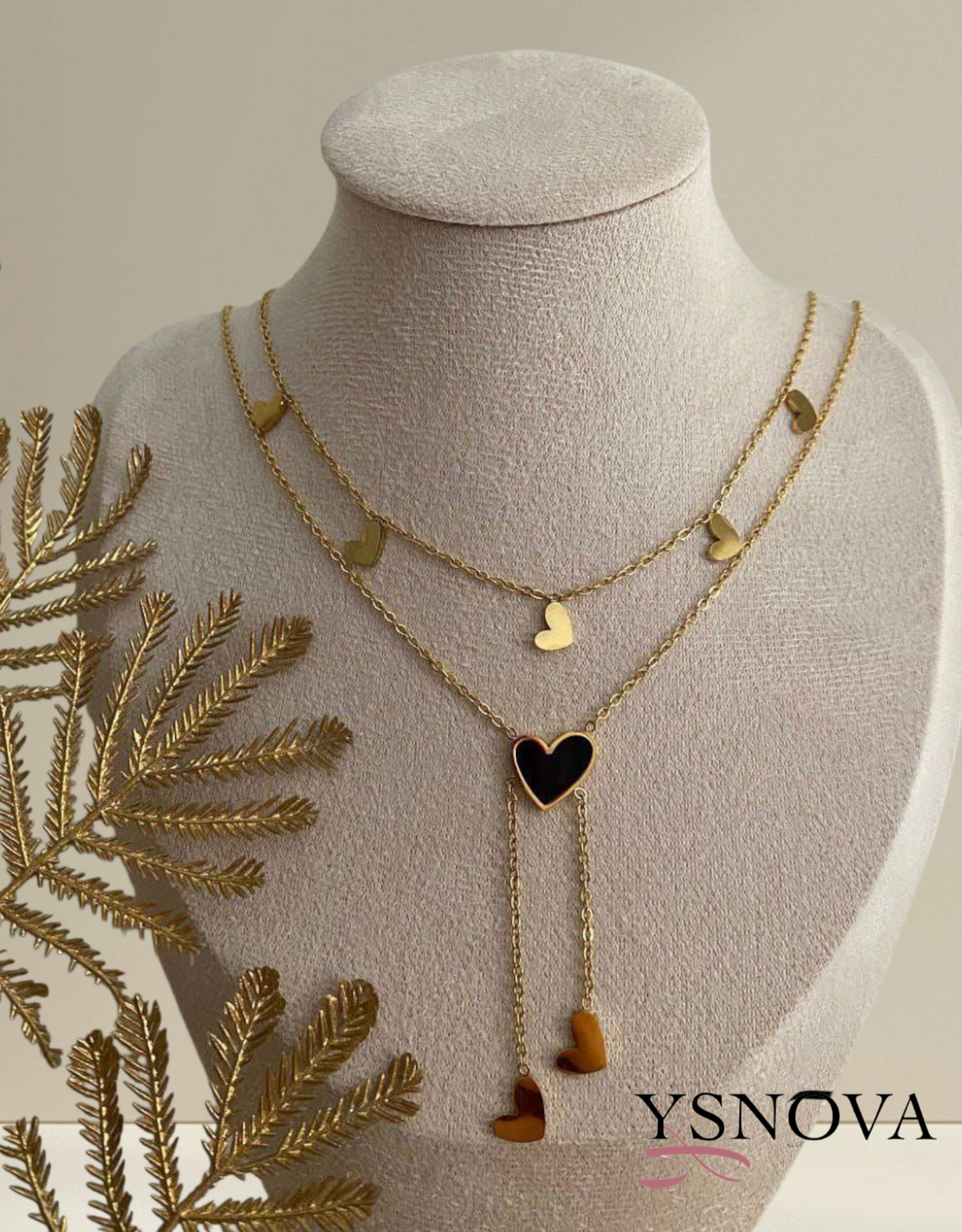 Double Layer Heart Necklace with Black Heart Pendant – Gold Plated Stainless Steel