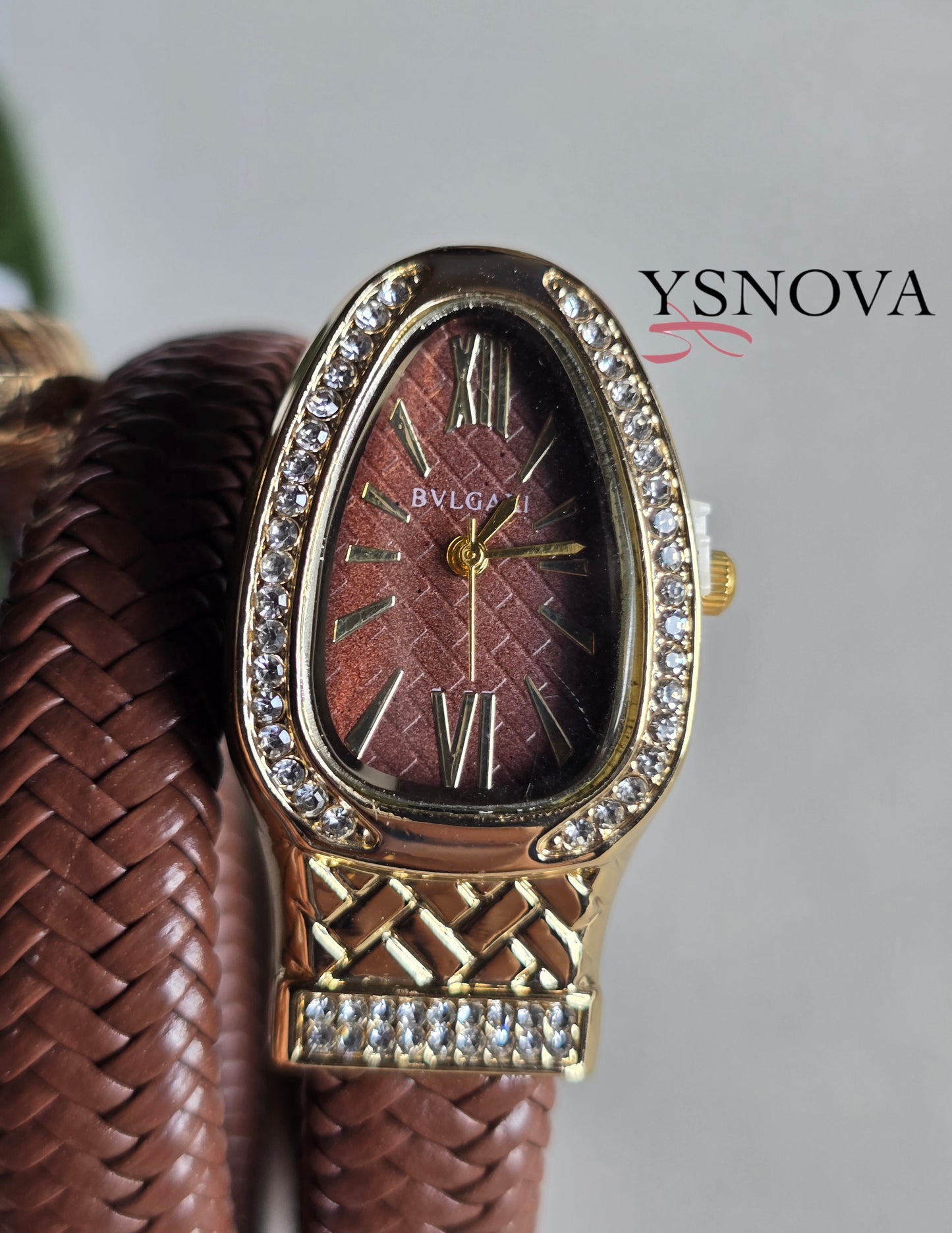 Brown Leather Wrap Watch – Bvlgari Serpenti Inspired Design with Gold Crystal Accents